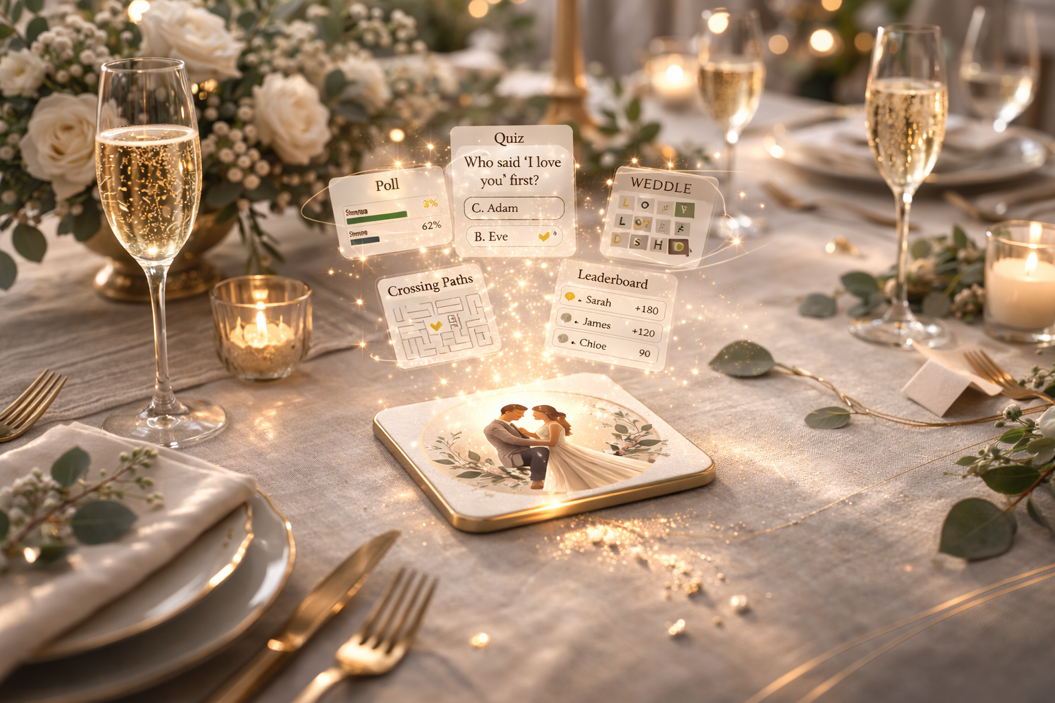 Unveil coasters on a wedding reception table